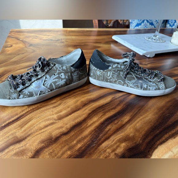 Golden Goose SuperStar Olive and White Graffiti Sneakers with Silver Star